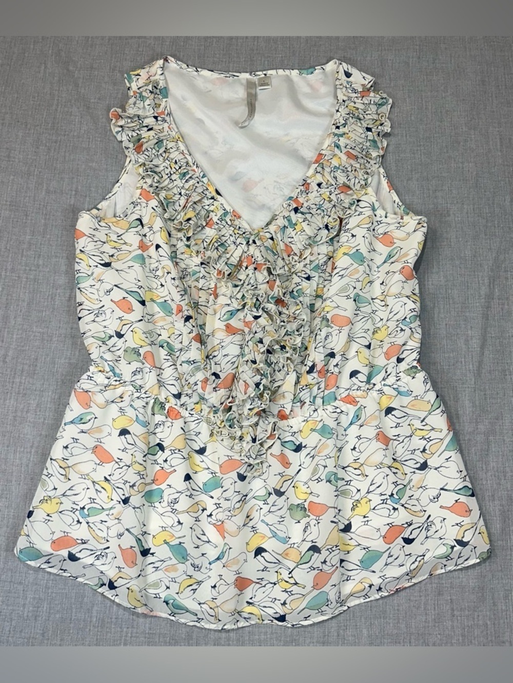LC Lauren Conrad White Ruffled V-Neck Camisole with Multicolor Bird Print